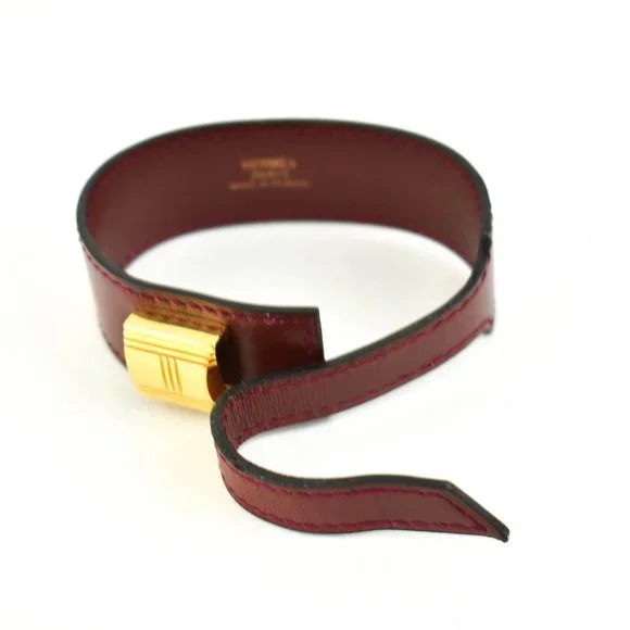 HERMES "Artemis": Scarlet Red, Leather & Gold "H" Logo Bracelet (ow) - Picture 6 of 10